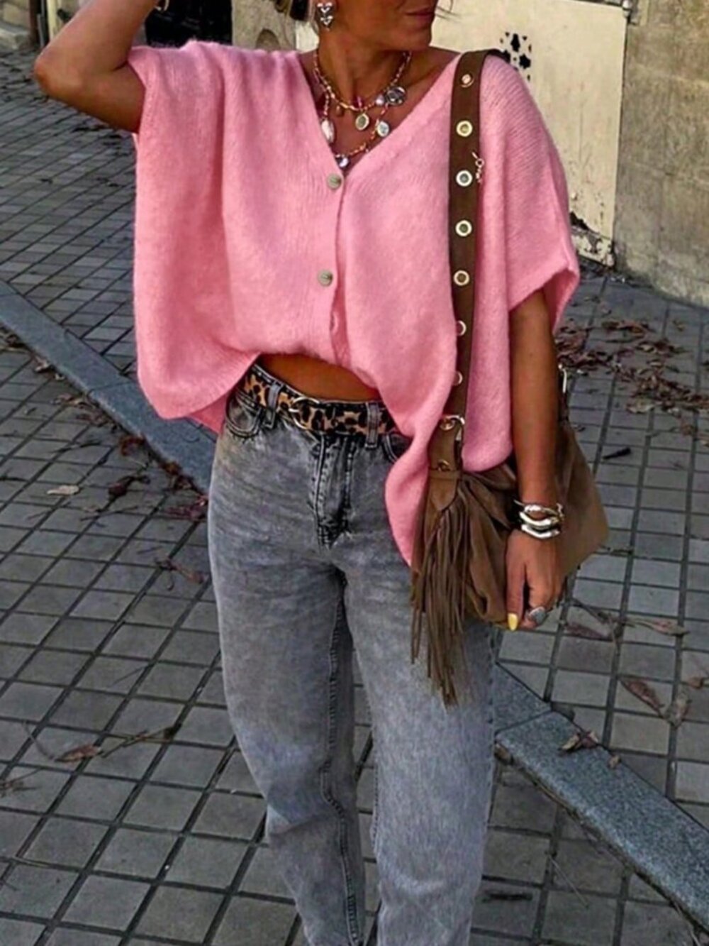 Gentle Pink Casual Women's V-Neck Button Short Sleeve Oversized Knit Cardigan - Picture 6 of 10